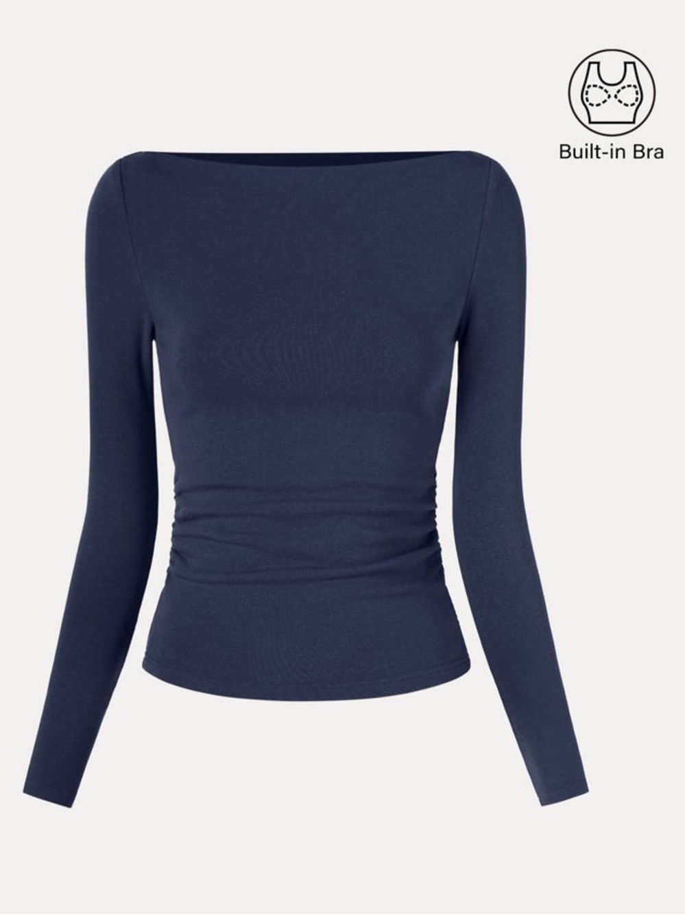 OGL ProWarm Modern Side Ruched Boat Neck Brami Padded Top Indigo Blue Sz S 💛🍄